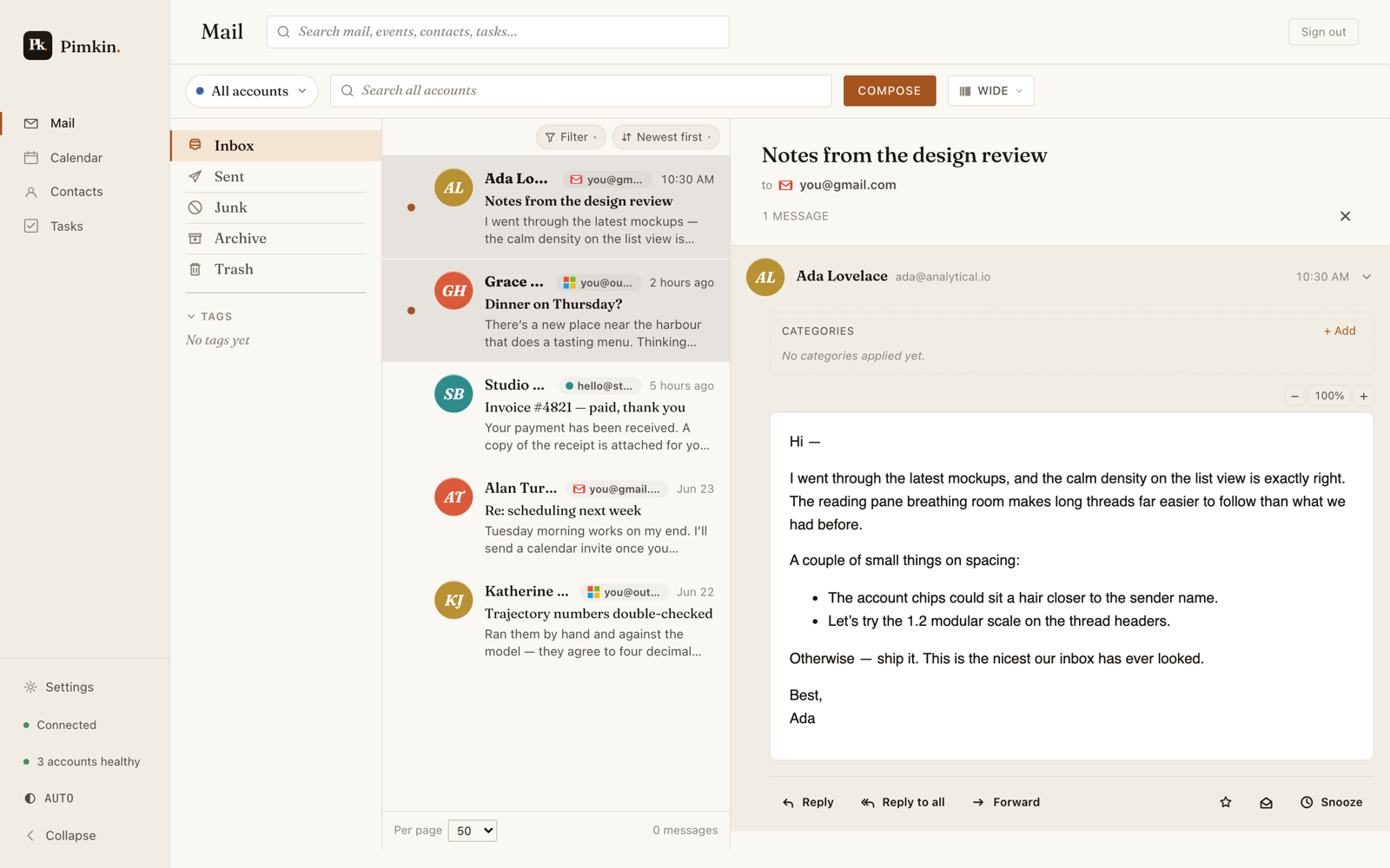 Pimkin's three-pane mail: navigation rail, unified message list, and an open email in the reading pane.